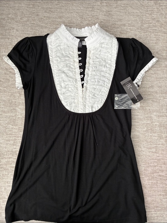 INC International Concepts Tops - INC International Concepts Black Short Sleeve Top with White Ruffled Bib